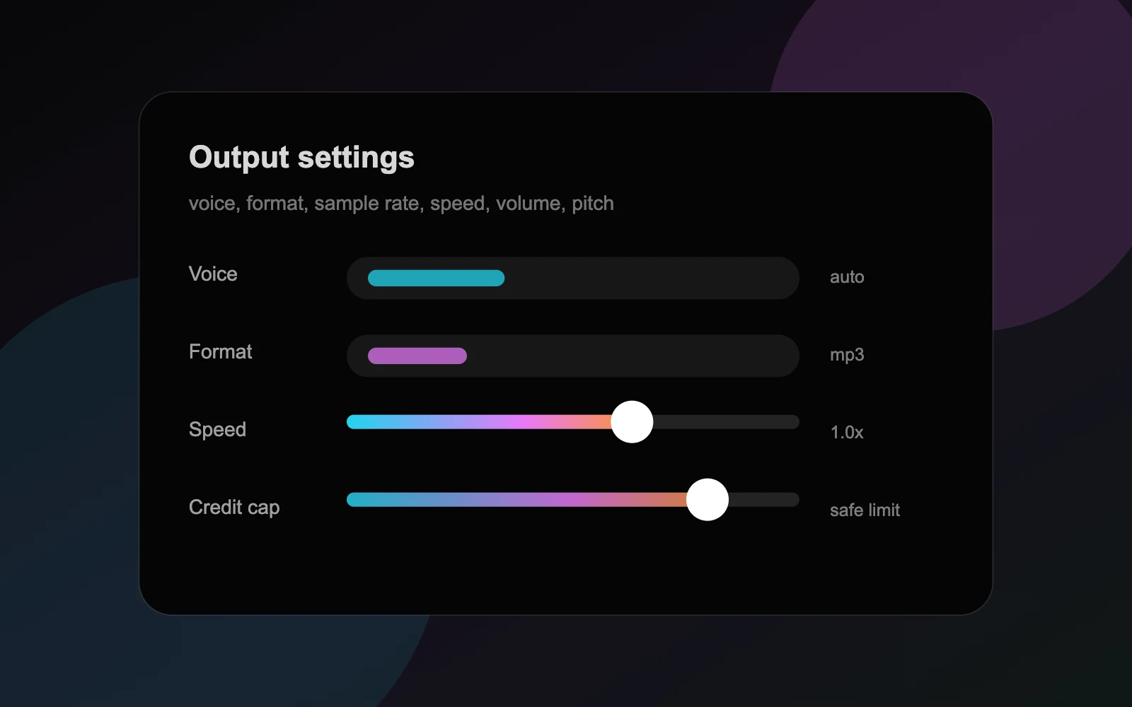 Seed Audio 1.0 output settings for voice, format, speed, volume, pitch, and credit cap