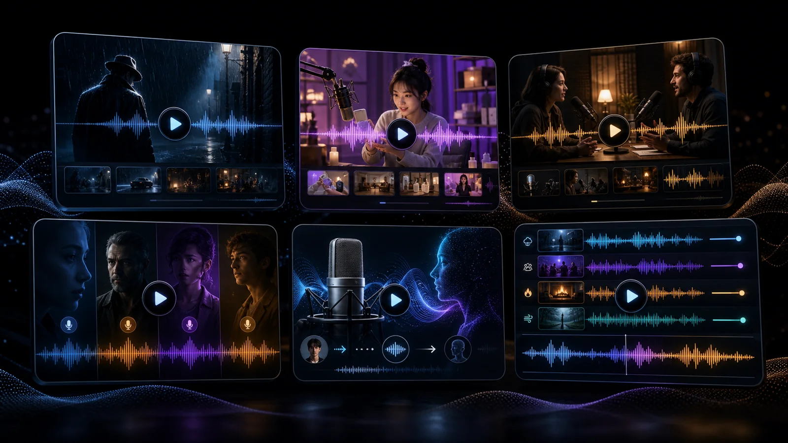 Seed Audio 1.0 AI audio demo gallery with cinematic scene examples, waveform overlays, and play controls