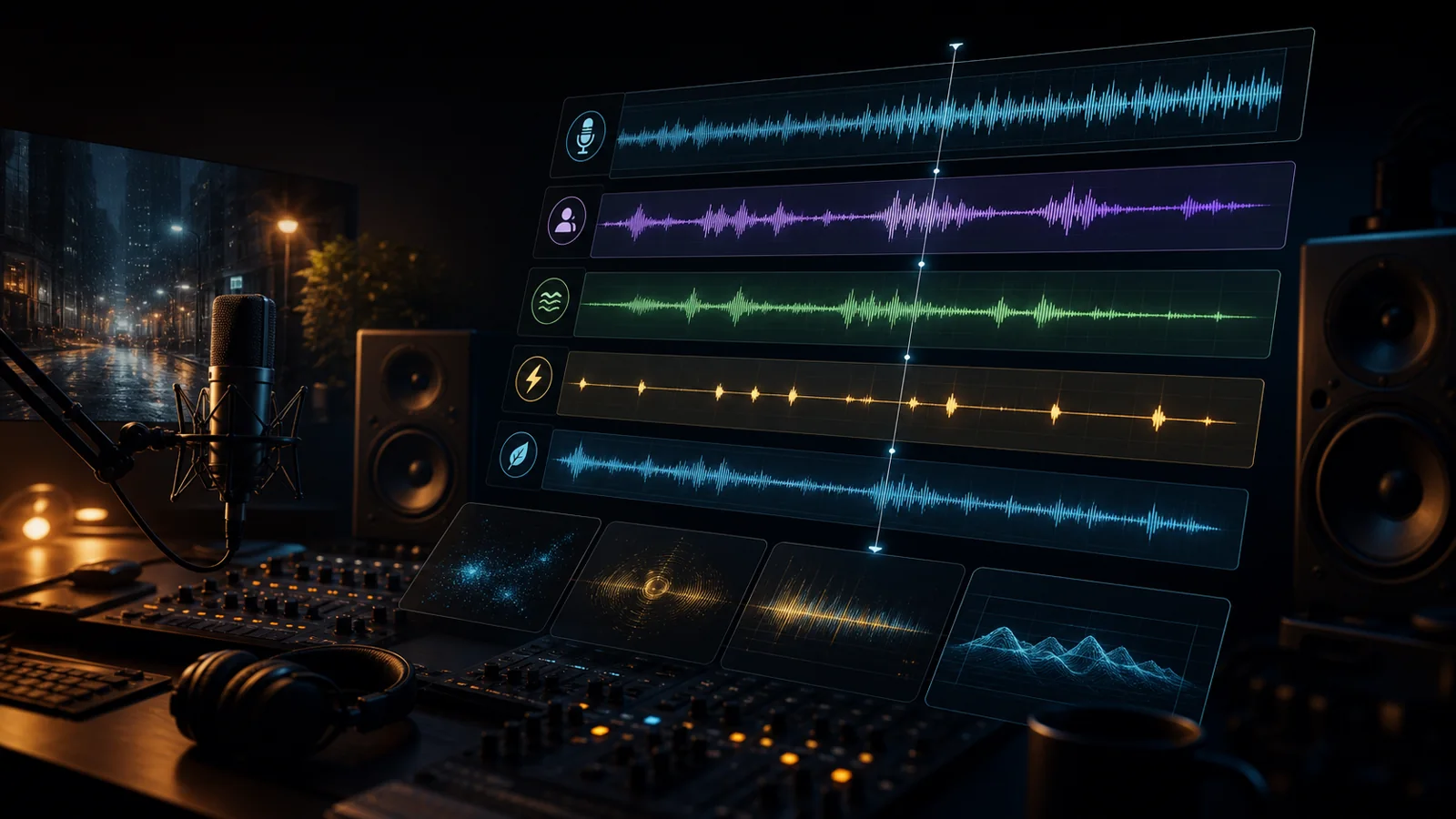 Seed Audio 1.0 AI audio generation model production desk showing layered voice, ambience, music, and effects waveforms