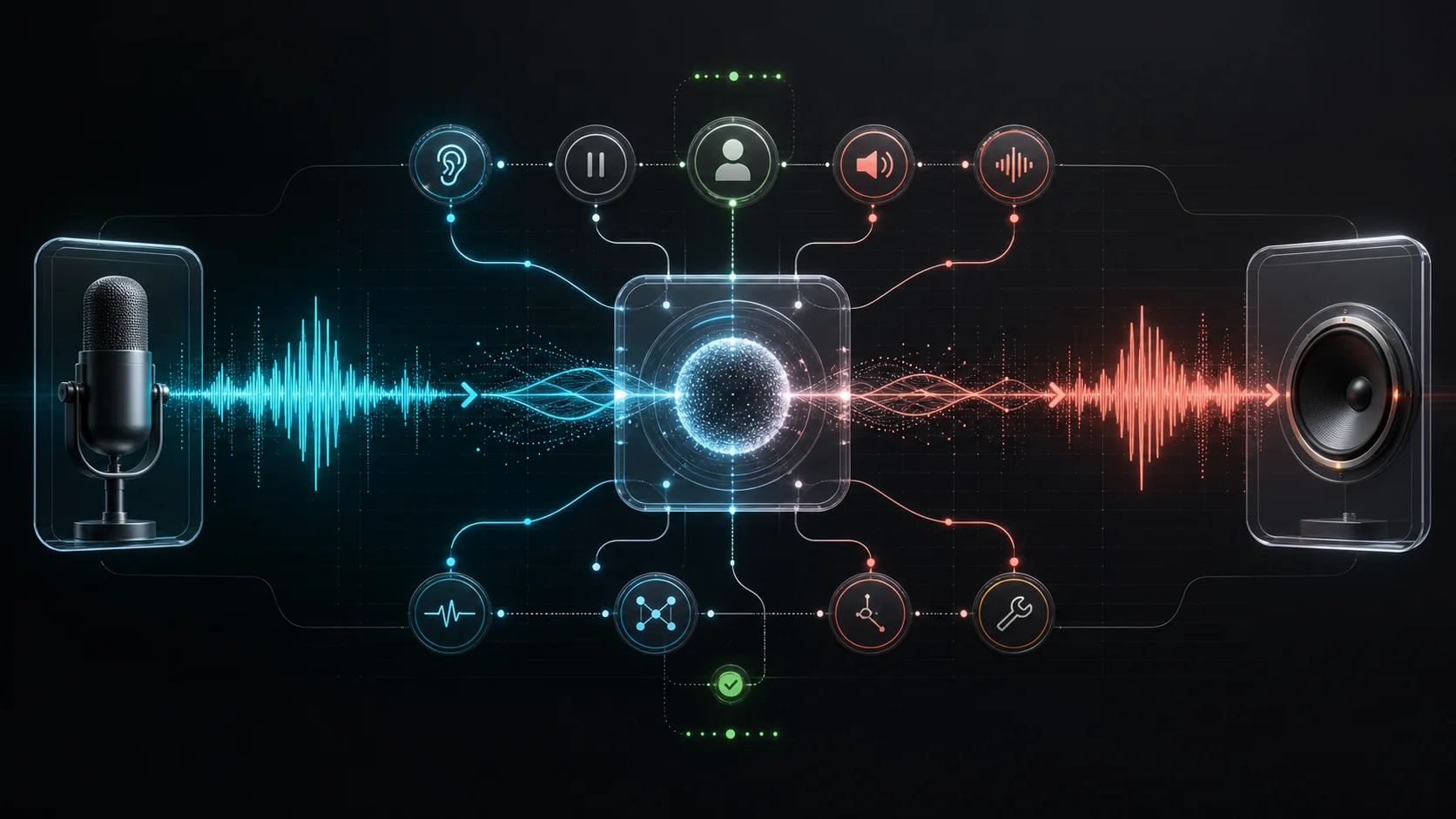 Full-duplex voice AI diagram showing input and output waveforms flowing through the same live conversation core.