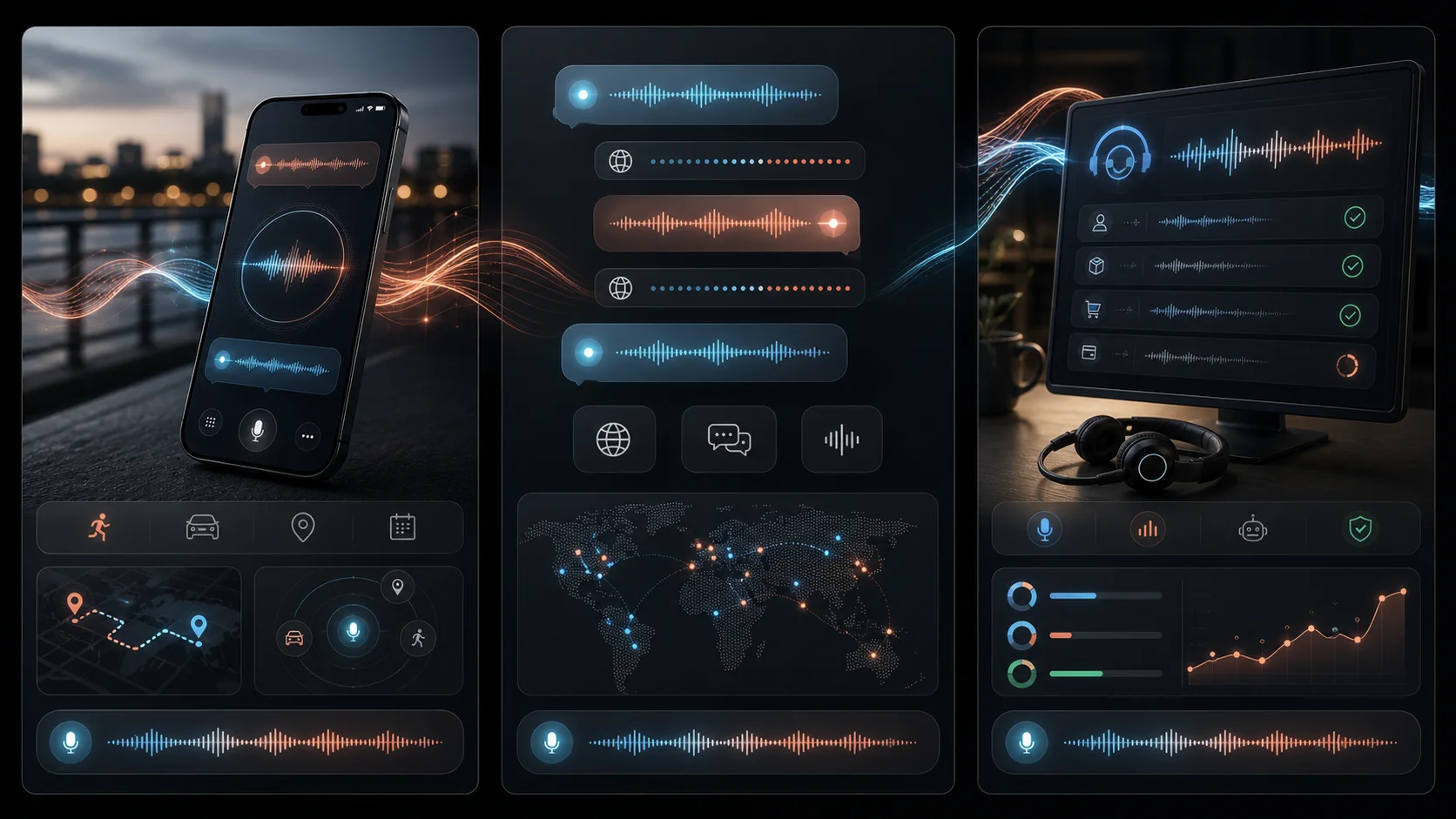 Practical GPT-Live-1 voice AI use-case montage with phone voice chat, multilingual conversation cards, and a support-agent console.
